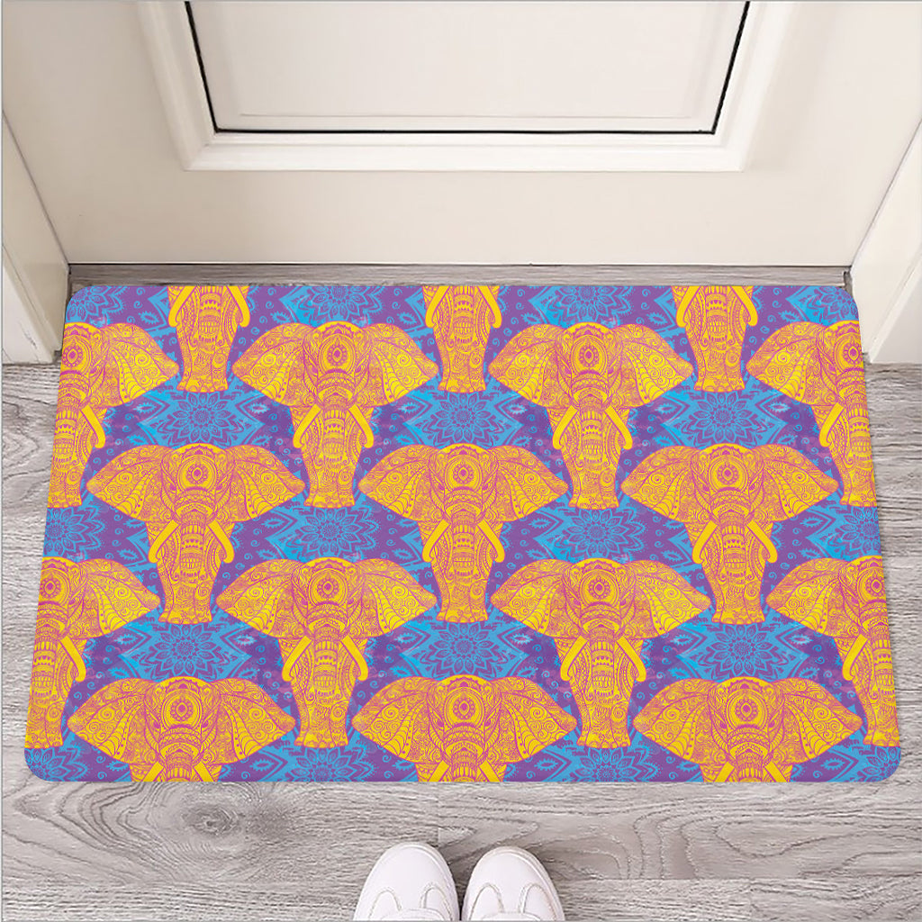 Yellow Mandala Elephant Pattern Print Rubber Doormat
