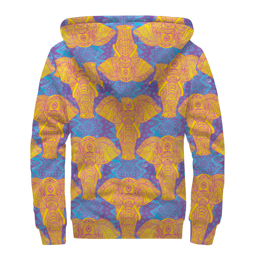 Yellow Mandala Elephant Pattern Print Sherpa Lined Zip Up Hoodie