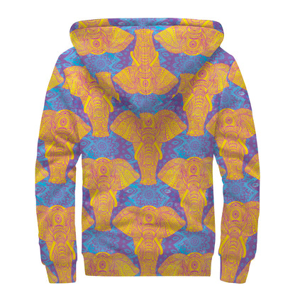 Yellow Mandala Elephant Pattern Print Sherpa Lined Zip Up Hoodie