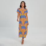 Yellow Mandala Elephant Pattern Print Short Sleeve Maxi Dress