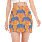 Yellow Mandala Elephant Pattern Print Side Slit Mini Skirt