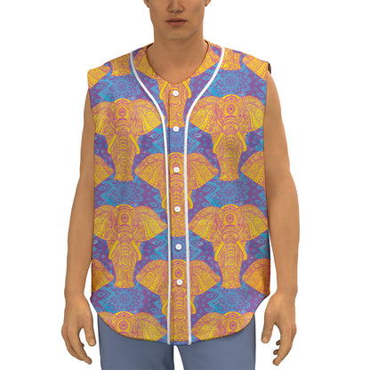 Yellow Mandala Elephant Pattern Print Sleeveless Baseball Jersey