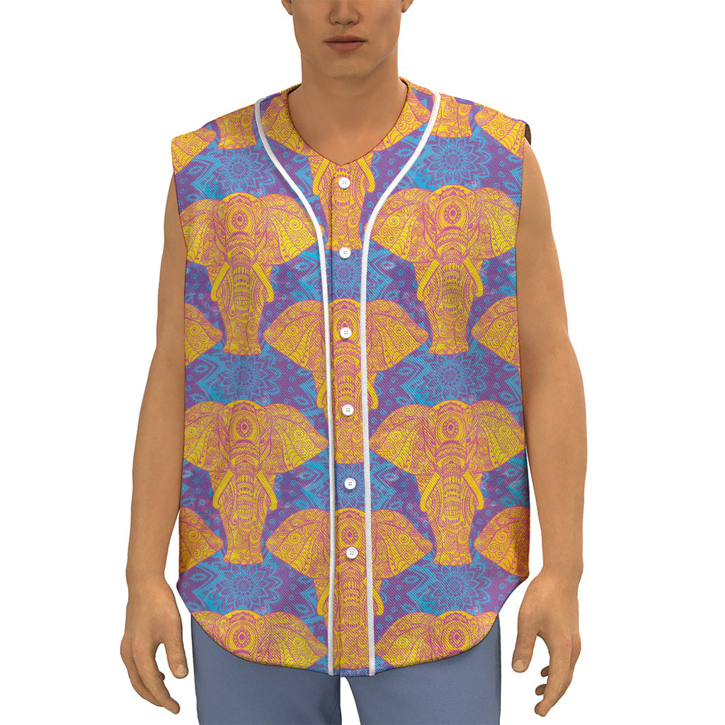 Yellow Mandala Elephant Pattern Print Sleeveless Baseball Jersey