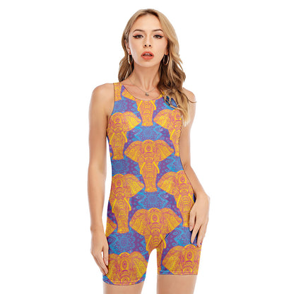 Yellow Mandala Elephant Pattern Print Sleeveless One Piece Swimsuit