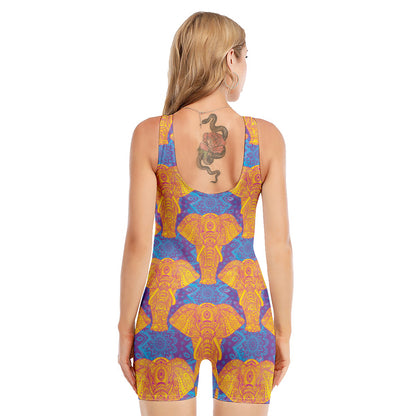 Yellow Mandala Elephant Pattern Print Sleeveless One Piece Swimsuit