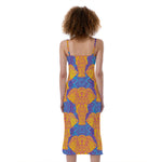 Yellow Mandala Elephant Pattern Print Slim Fit Midi Cami Dress