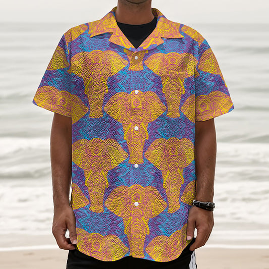Yellow Mandala Elephant Pattern Print Textured Short Sleeve Shirt