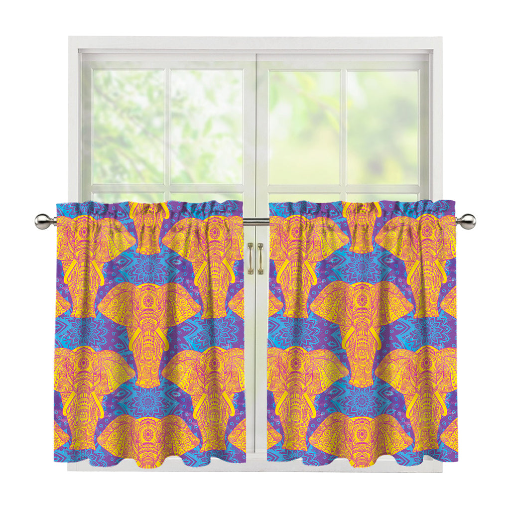 Yellow Mandala Elephant Pattern Print Tier Curtains