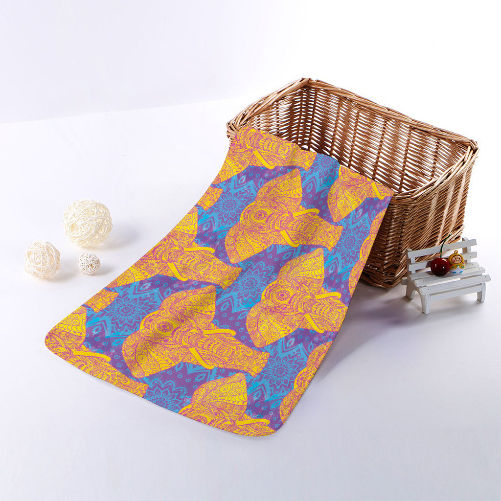 Yellow Mandala Elephant Pattern Print Towel