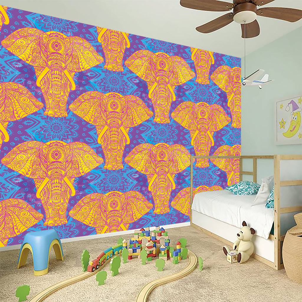 Yellow Mandala Elephant Pattern Print Wall Sticker