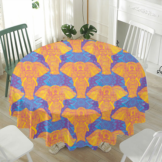 Yellow Mandala Elephant Pattern Print Waterproof Round Tablecloth