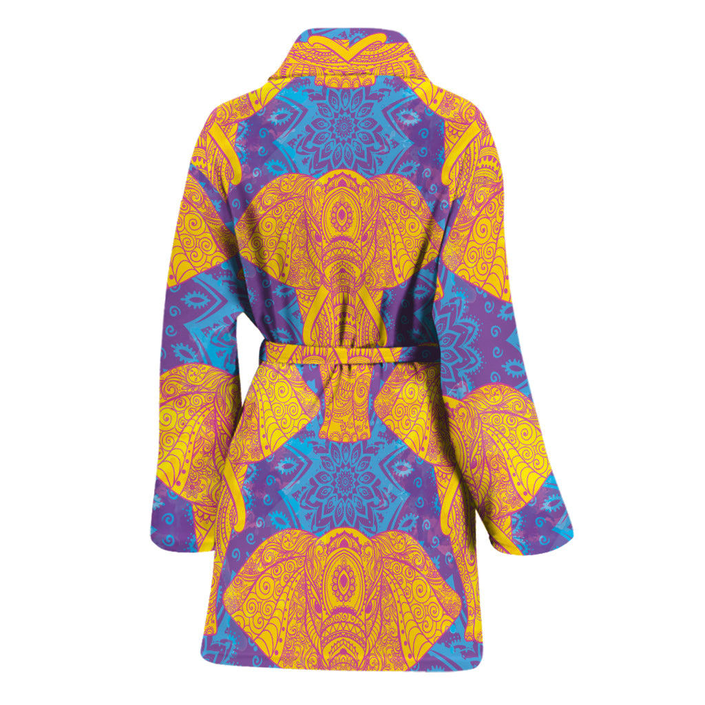 Yellow Mandala Elephant Pattern Print Women's Bathrobe