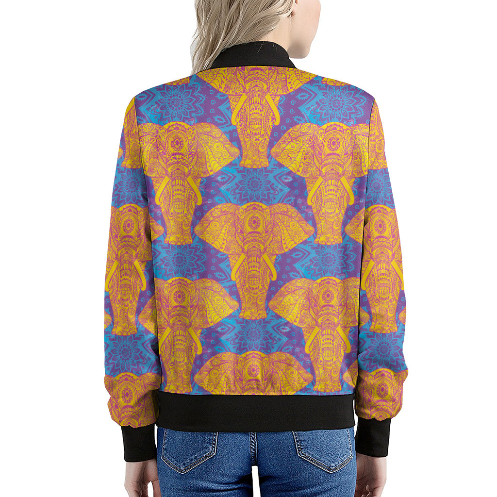 Yellow Mandala Elephant Pattern Print Women's Bomber Jacket