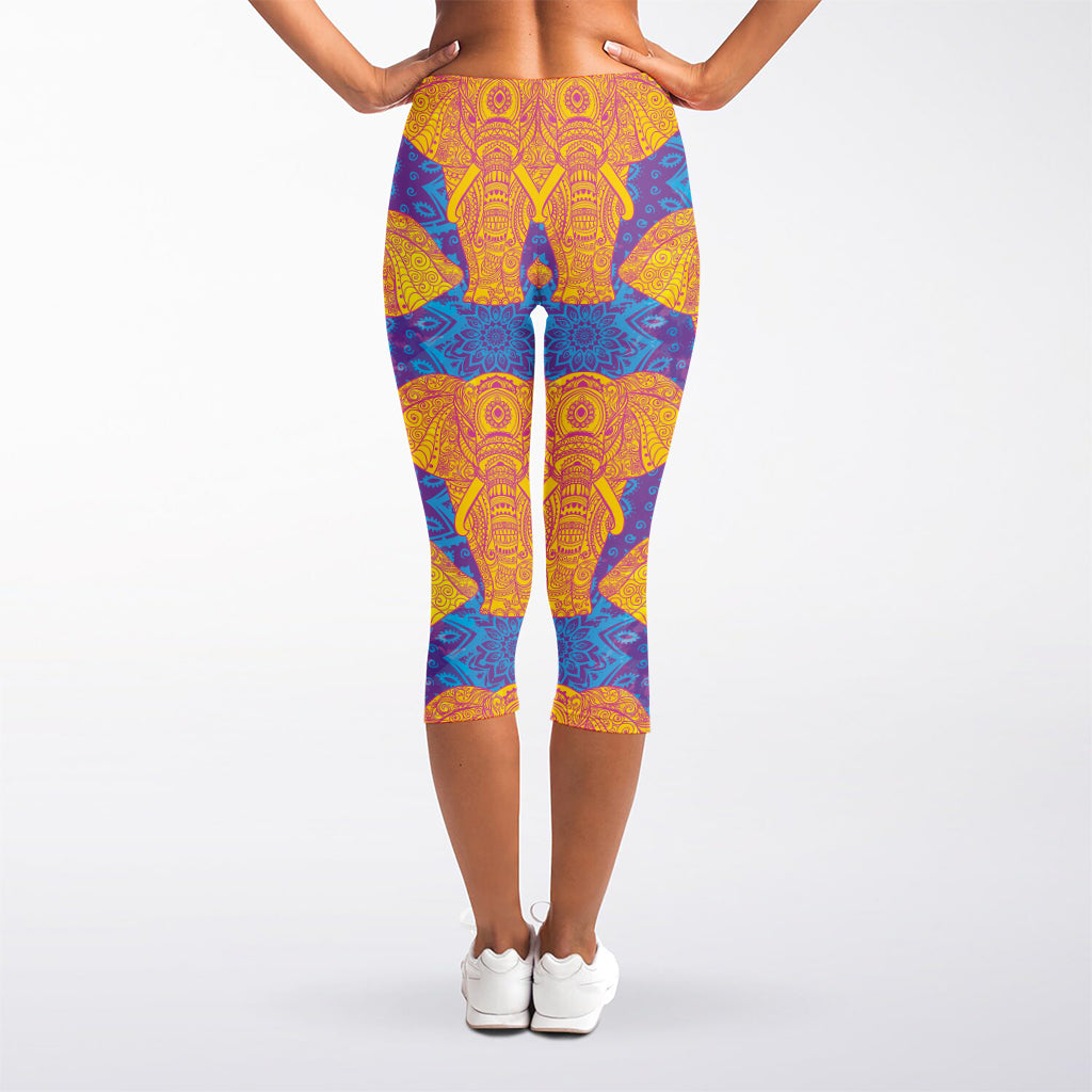 Yellow Mandala Elephant Pattern Print Women's Capri Leggings