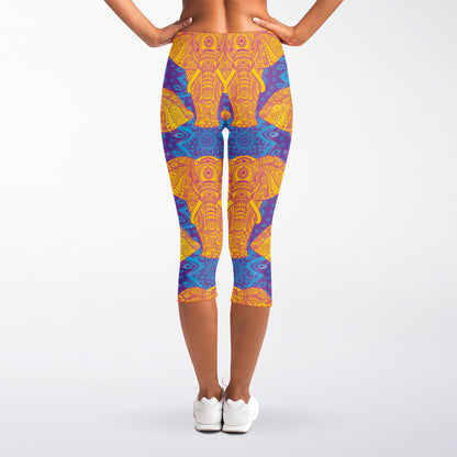 Yellow Mandala Elephant Pattern Print Women's Capri Leggings
