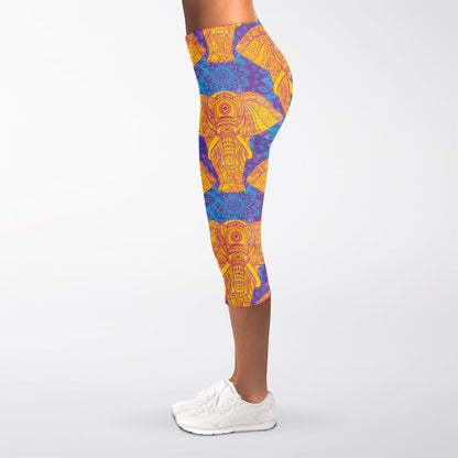 Yellow Mandala Elephant Pattern Print Women's Capri Leggings