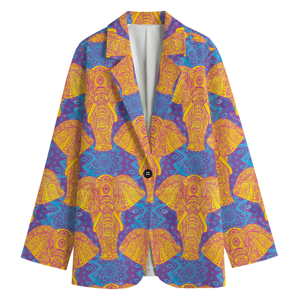 Yellow Mandala Elephant Pattern Print Women's Cotton Blazer
