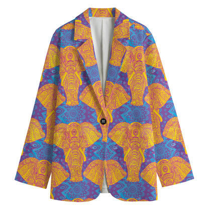 Yellow Mandala Elephant Pattern Print Women's Cotton Blazer