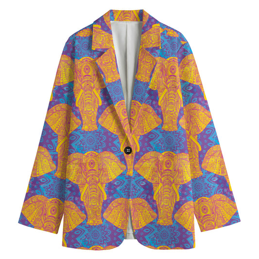 Yellow Mandala Elephant Pattern Print Women's Cotton Blazer