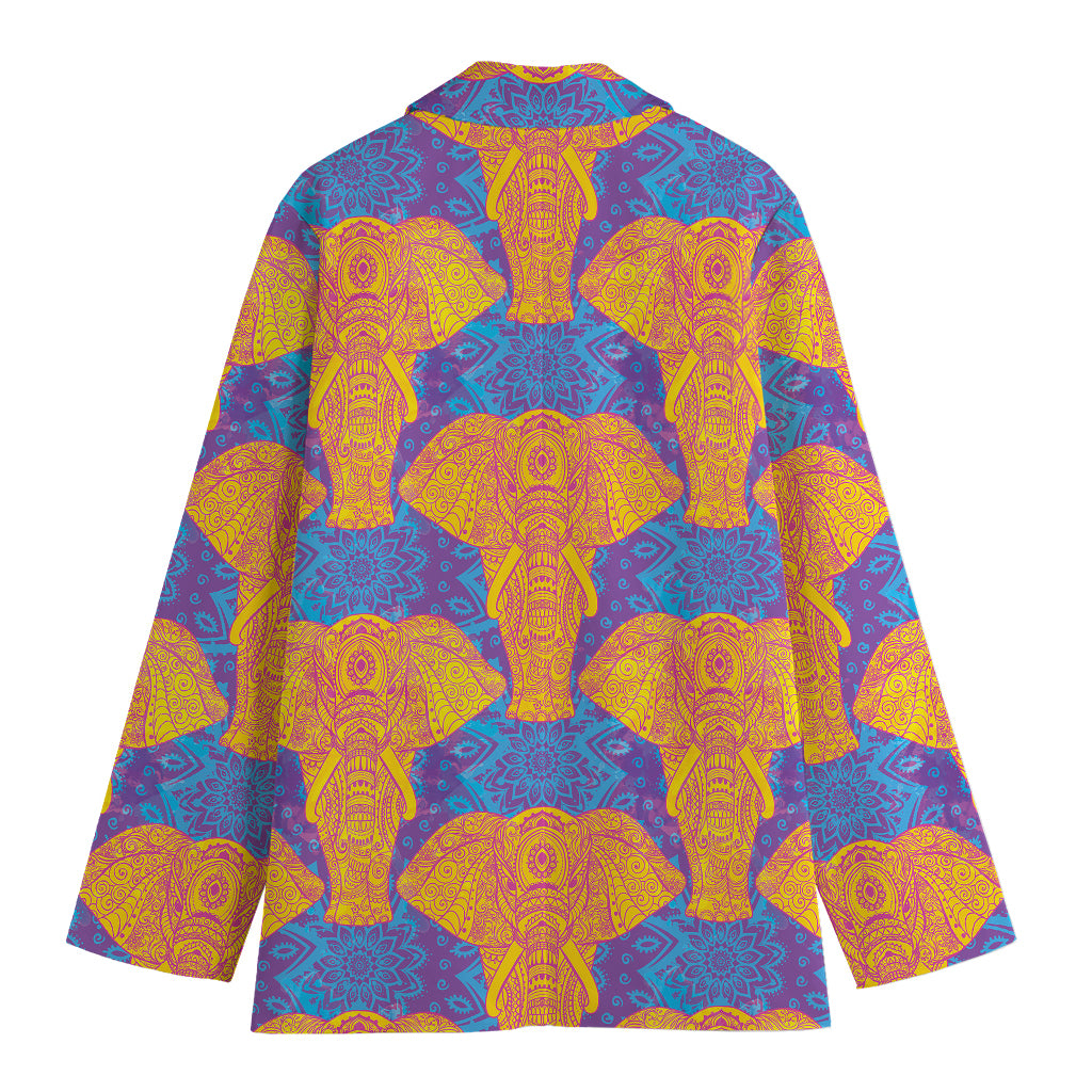 Yellow Mandala Elephant Pattern Print Women's Cotton Blazer
