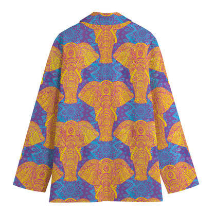 Yellow Mandala Elephant Pattern Print Women's Cotton Blazer