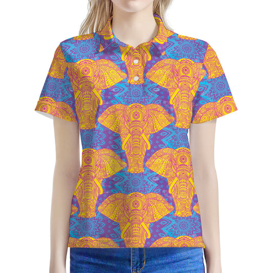 Yellow Mandala Elephant Pattern Print Women's Polo Shirt