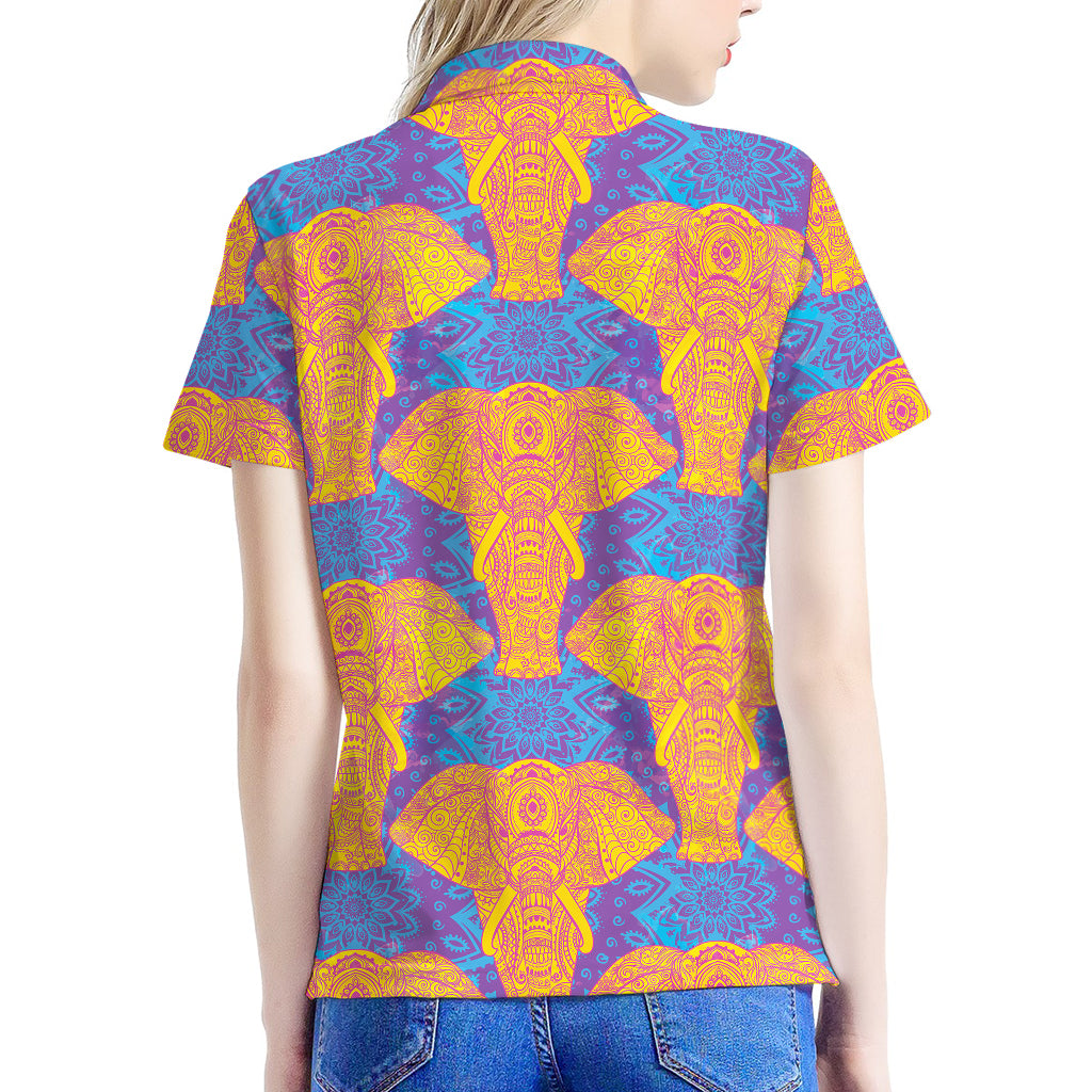 Yellow Mandala Elephant Pattern Print Women's Polo Shirt