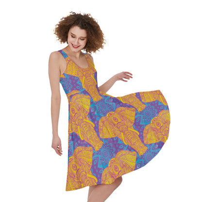Yellow Mandala Elephant Pattern Print Women's Sleeveless Dress