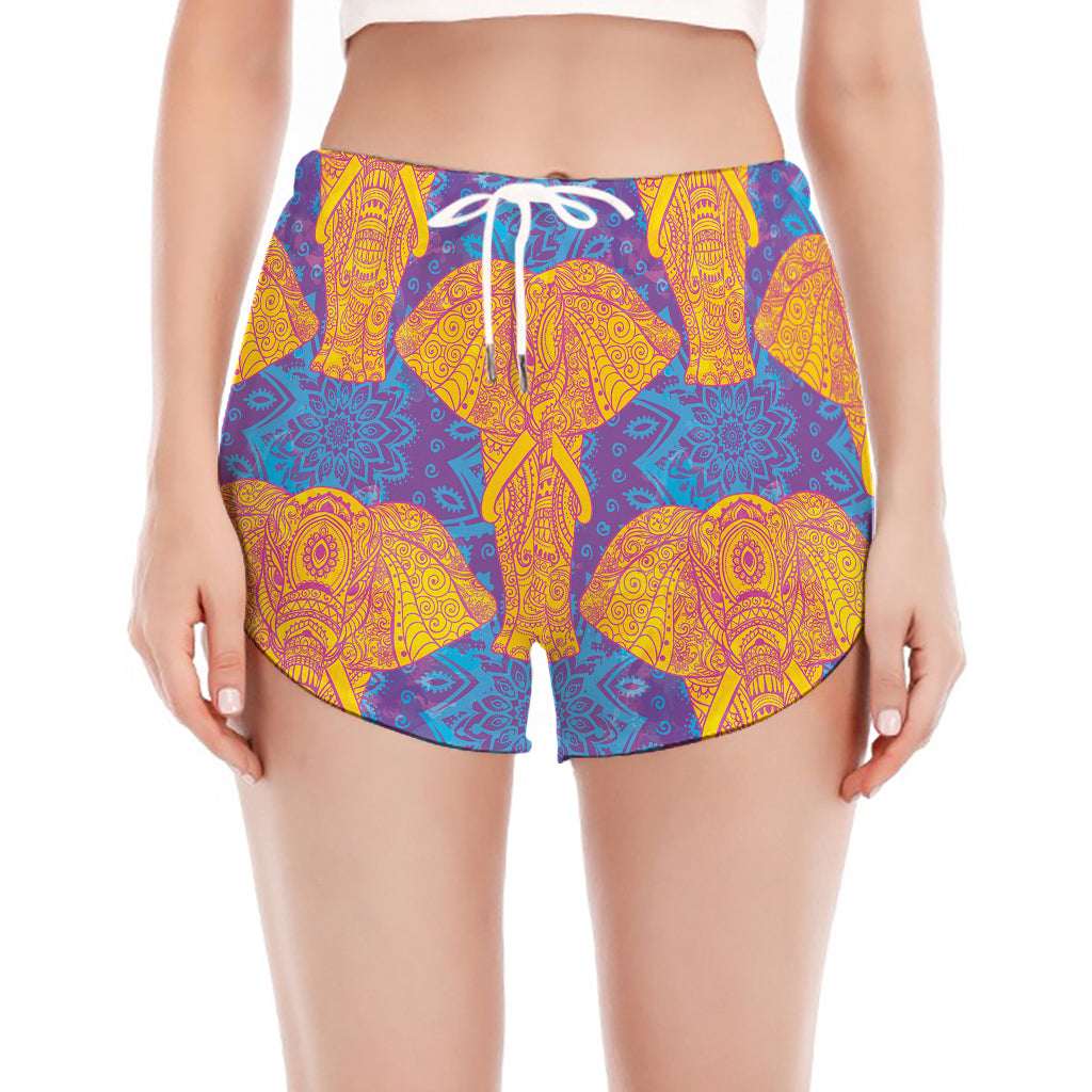 Yellow Mandala Elephant Pattern Print Women's Split Running Shorts