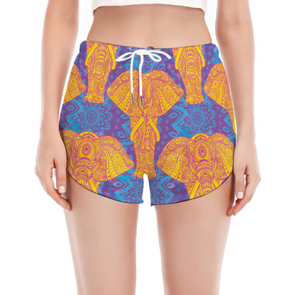 Yellow Mandala Elephant Pattern Print Women's Split Running Shorts