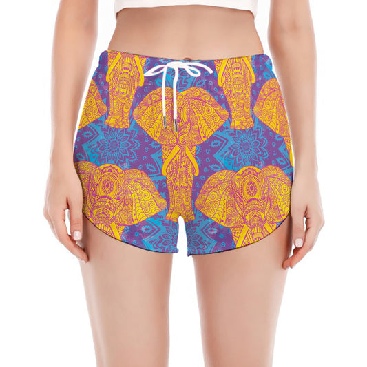 Yellow Mandala Elephant Pattern Print Women's Split Running Shorts