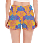 Yellow Mandala Elephant Pattern Print Women's Split Running Shorts