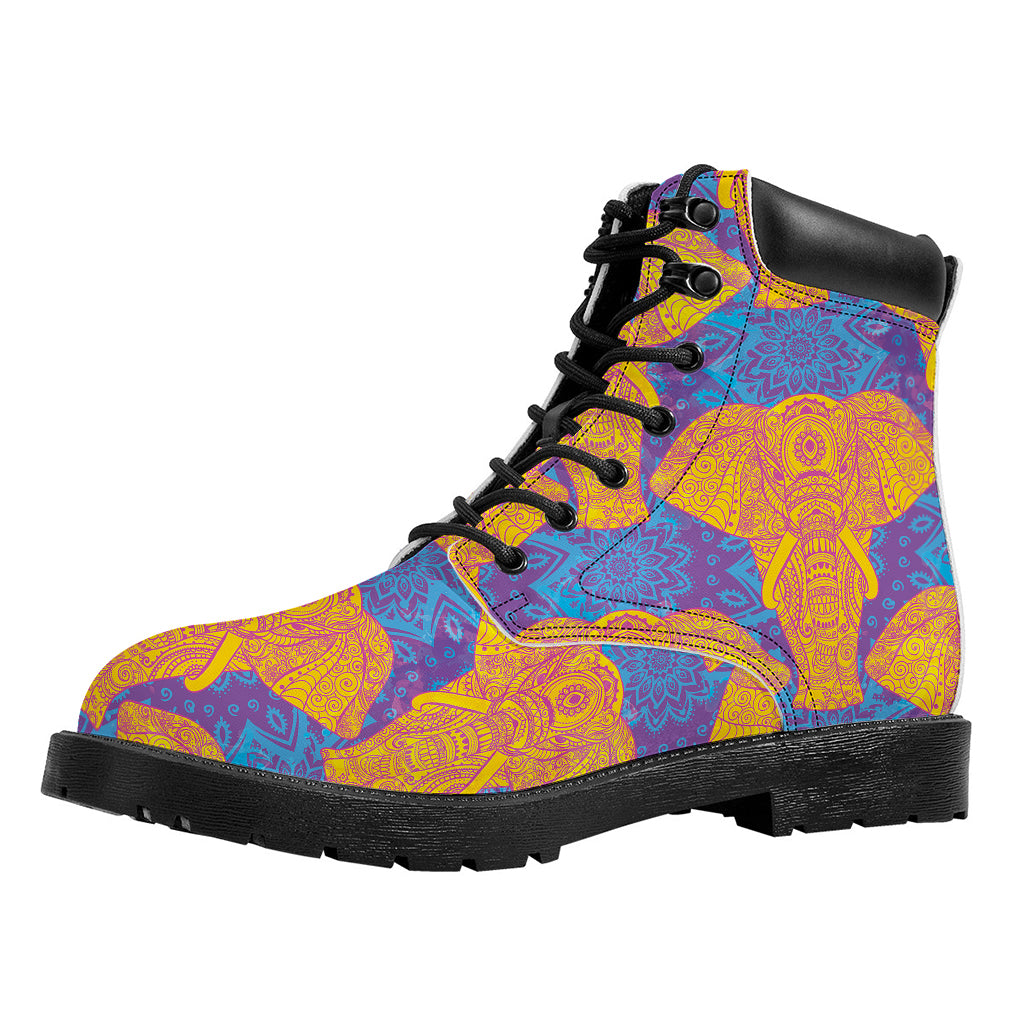 Yellow Mandala Elephant Pattern Print Work Boots