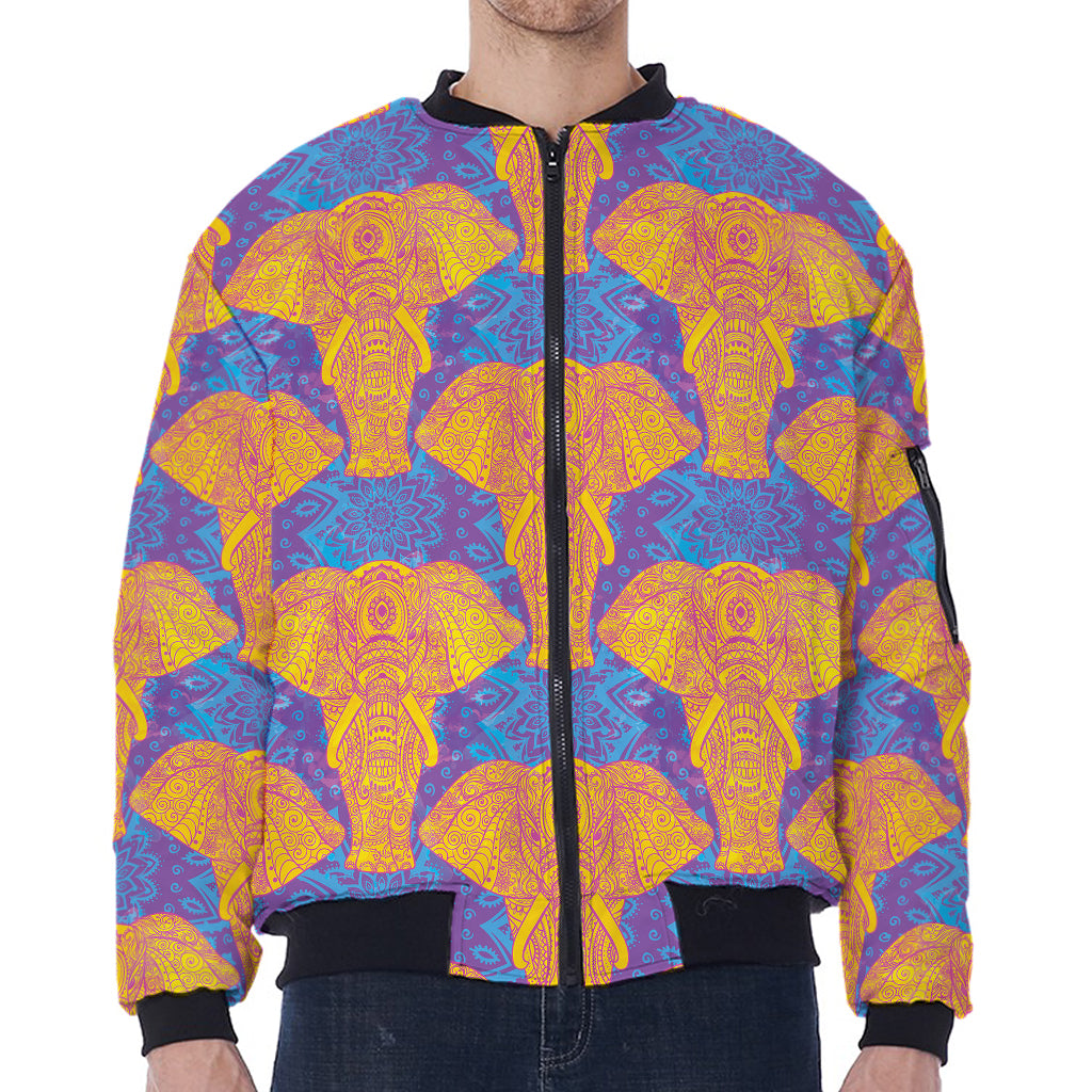 Yellow Mandala Elephant Pattern Print Zip Sleeve Bomber Jacket