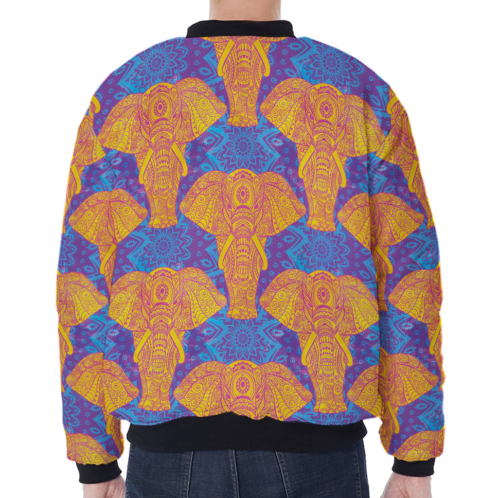 Yellow Mandala Elephant Pattern Print Zip Sleeve Bomber Jacket