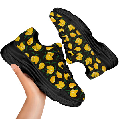 Yellow Mango Fruit Pattern Print Black Chunky Shoes