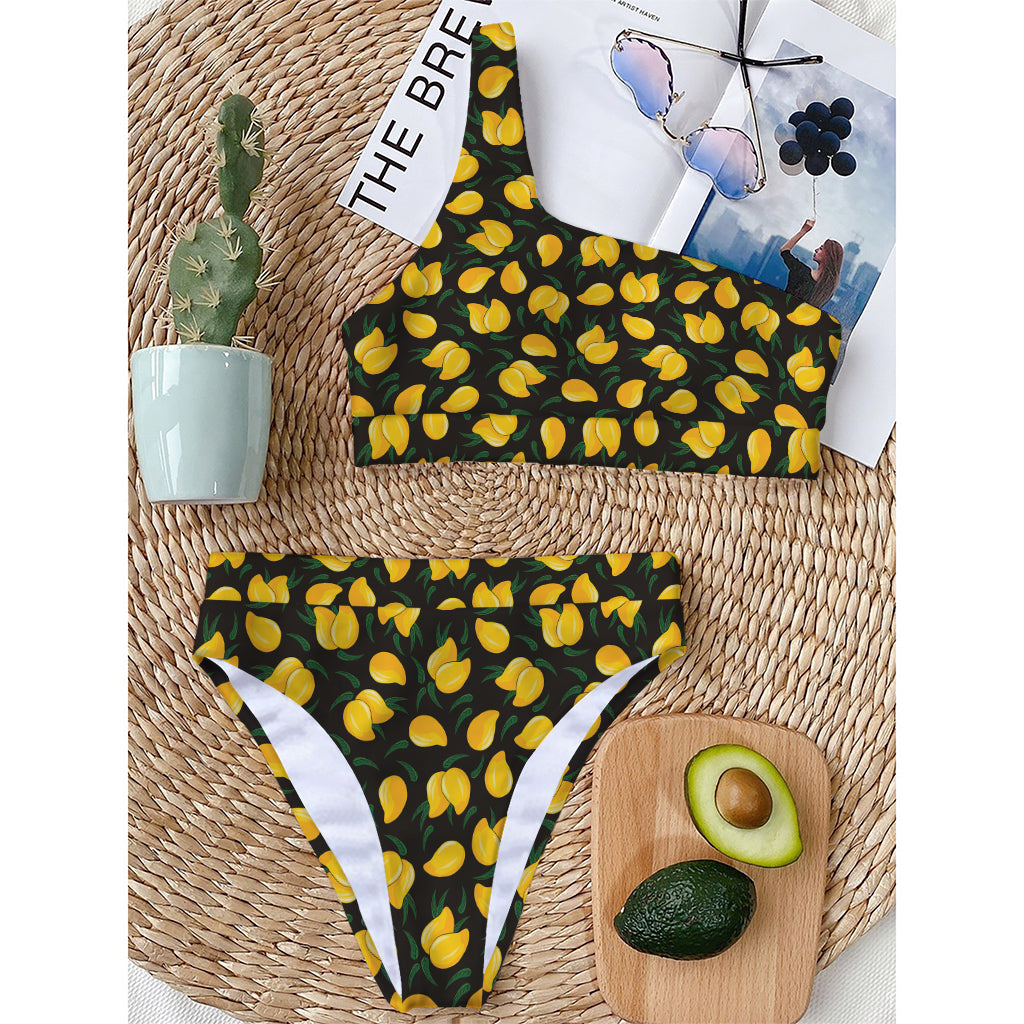 Yellow Mango Fruit Pattern Print One Shoulder Bikini Top