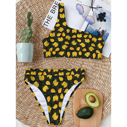 Yellow Mango Fruit Pattern Print One Shoulder Bikini Top