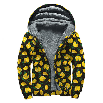 Yellow Mango Fruit Pattern Print Sherpa Lined Zip Up Hoodie