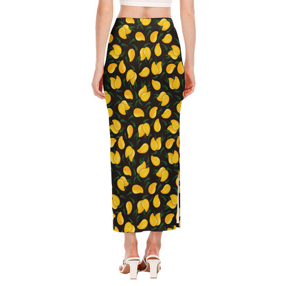 Yellow Mango Fruit Pattern Print Side Slit Maxi Skirt