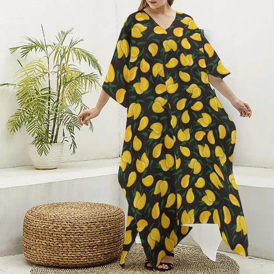 Yellow Mango Fruit Pattern Print Silk V-Neck Kaftan Dress