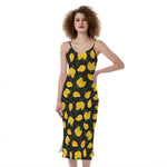 Yellow Mango Fruit Pattern Print Slim Fit Midi Cami Dress
