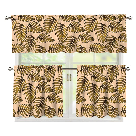 Yellow Monstera Leaves Pattern Print 3 Piece Kitchen Curtains