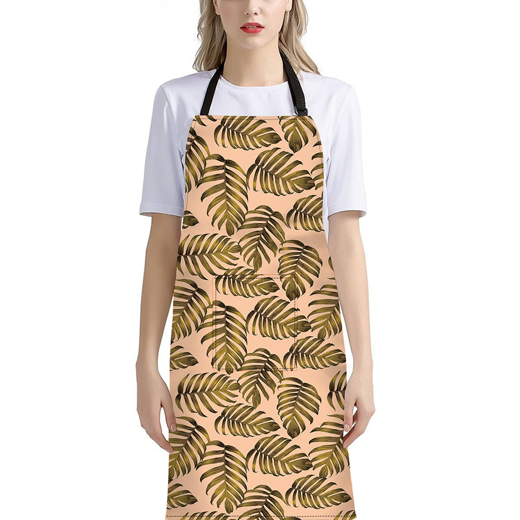 Yellow Monstera Leaves Pattern Print Bib Apron With Pocket