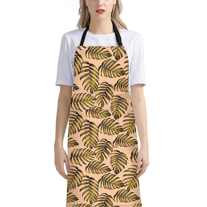 Yellow Monstera Leaves Pattern Print Bib Apron With Pocket