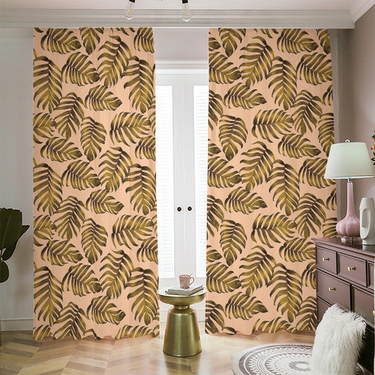 Yellow Monstera Leaves Pattern Print Blackout Pencil Pleat Curtains