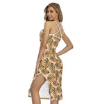 Yellow Monstera Leaves Pattern Print Cross Back Cami Dress