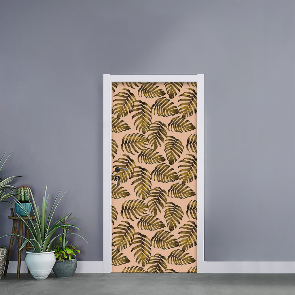 Yellow Monstera Leaves Pattern Print Door Sticker