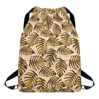 Yellow Monstera Leaves Pattern Print Drawstring Backpack