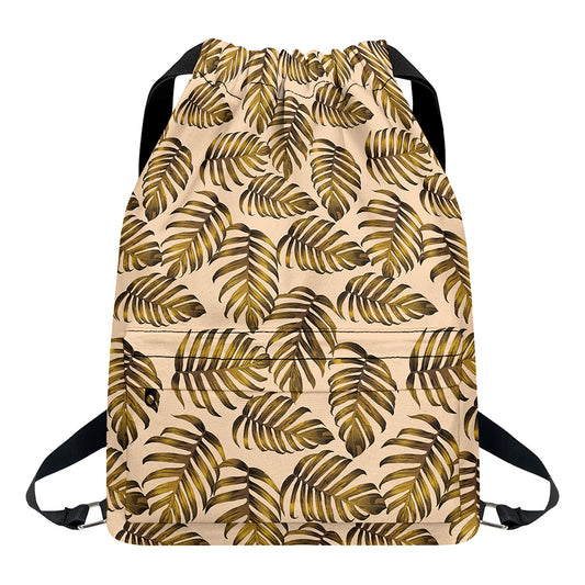 Yellow Monstera Leaves Pattern Print Drawstring Backpack